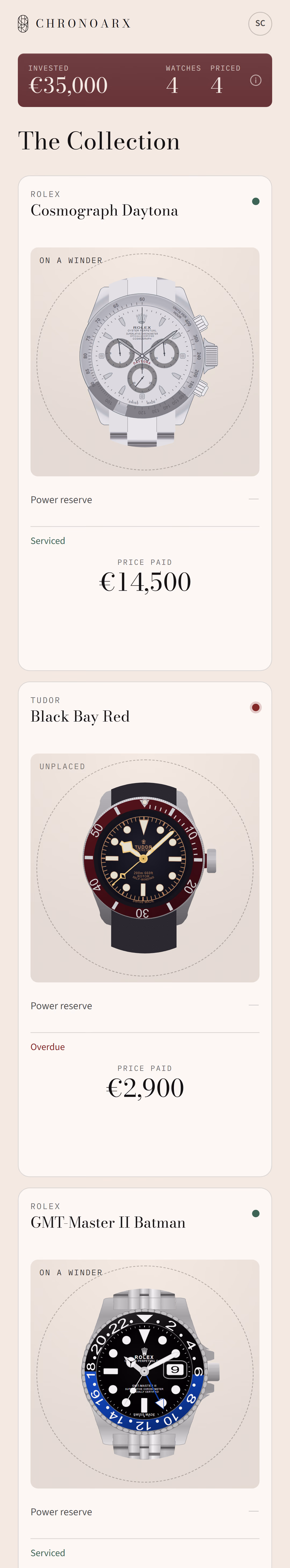 The collection on a phone: watch cards stacked in one column, each with its picture, its service standing and the price paid.