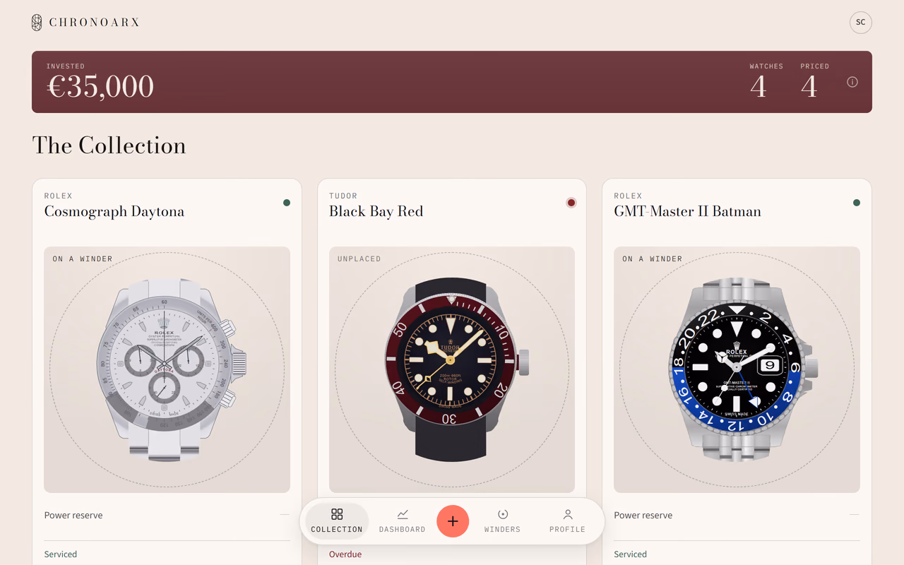 The collection view: three watch cards, two marked as being on a winder, above a portfolio total.