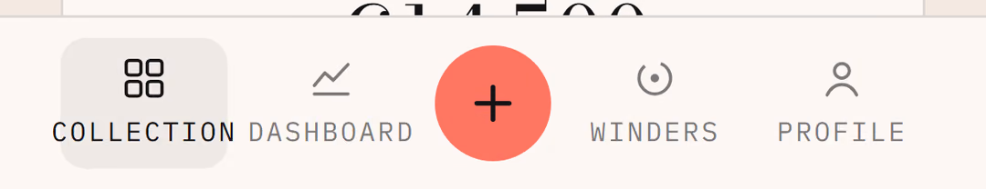 The app's bottom navigation bar: collection, dashboard, add, winders and profile.